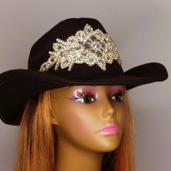 Women's Luxurious Sparkling Rhinestone Cowboy Hat – Black - Picture 2 of 3